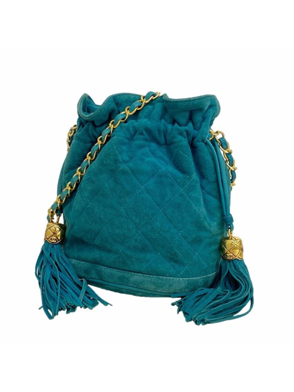 Chanel Shoulder Bag Quilted Suede Turquoise Blue Gold
